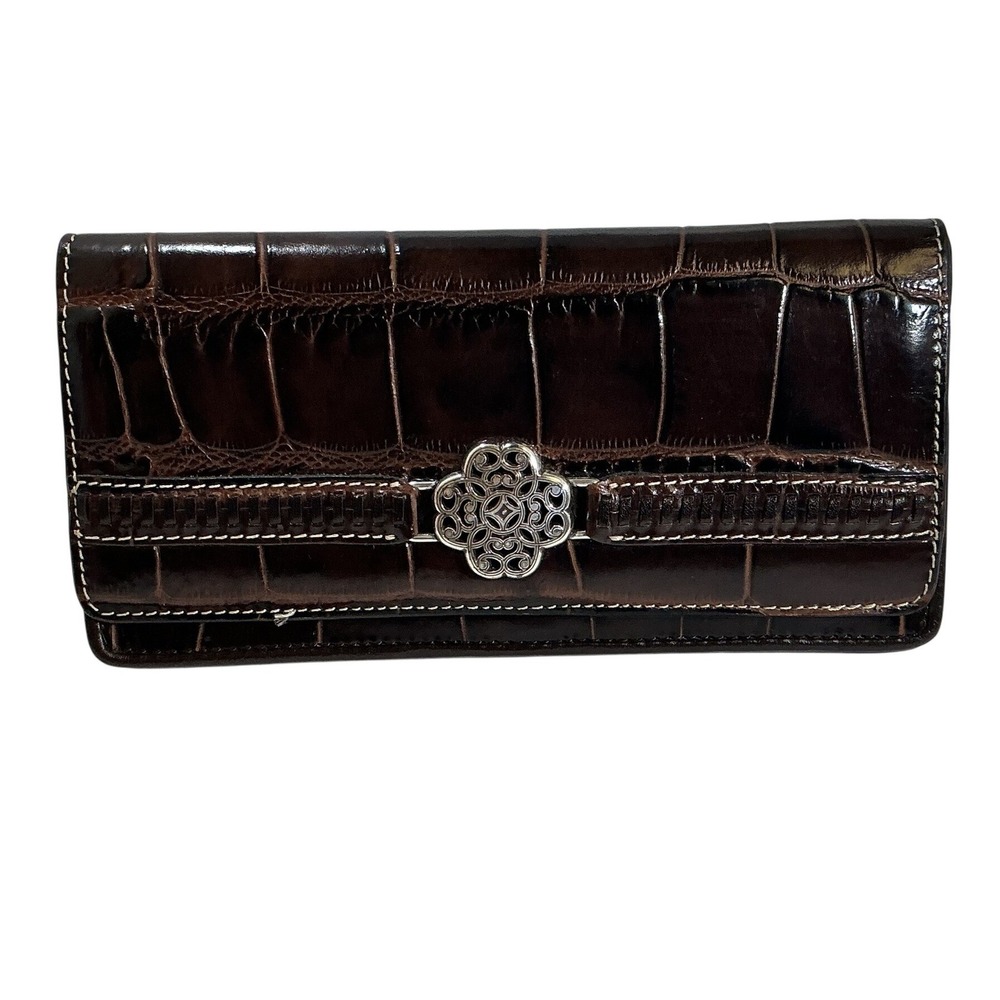 Brighton Brown Croc Embossed Leather Wallet Silver Filigree Heart Ornament